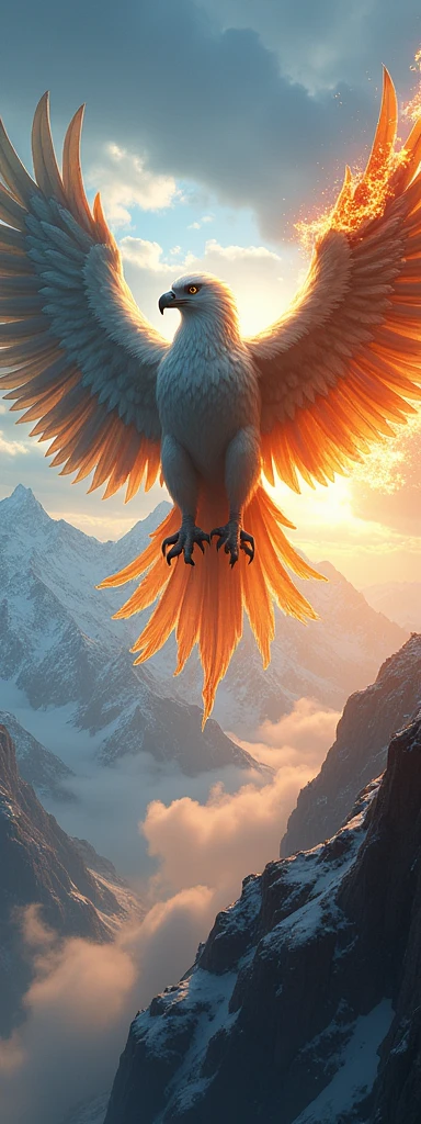 A Griffin Warrior，He has an eagle&#39;s head.，Lasers shooting from eyes，There are four wings representing the four elements of wind, fire, thunder and lightning.，It soars in the storms of the elements, The beautiful Alps in the distance, Realistic photos