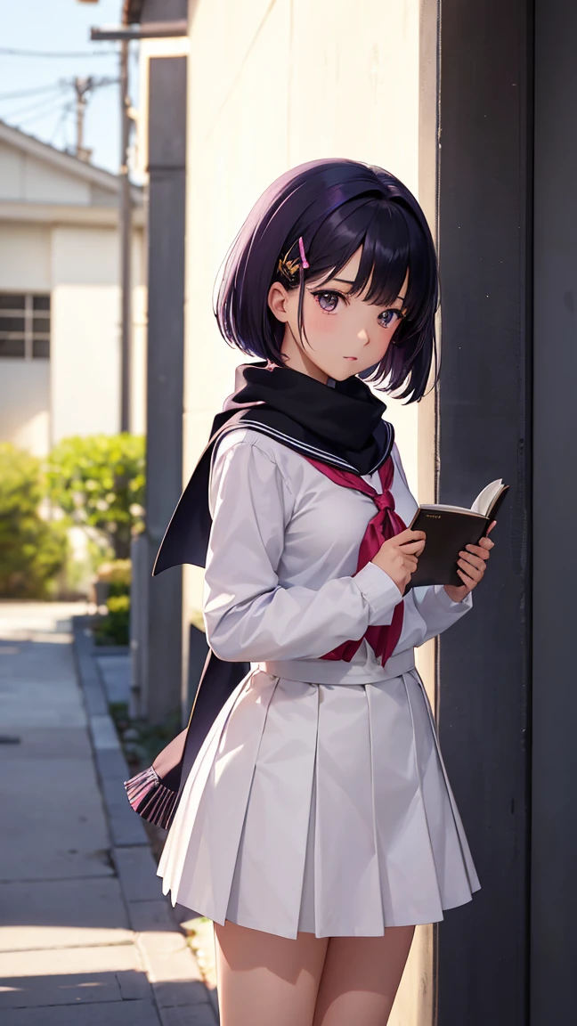 A full-length image of a young anime girl reminiscent of Cardcaptor Sakura, with short black hair accented with purple highlights. Her hair is styled in elegant bangs parted in the middle, and she wears a small, delicate hair clip on one side. She has large, expressive brown eyes, full of curiosity. She is wearing a school uniform, black shirt, long sleeves, scarf, sailor collar, school uniform, serafuku, white skirt, tomoeda elementary school uniform, giving off an elegant yet simple vibe. The girl stands with her back facing the viewer, leaning forward, butt thrust towards the camera, holding a book in her hands, full-length, adding an academic touch to her character. The style is distinctly anime, with soft shading and a magical, youthful energy.