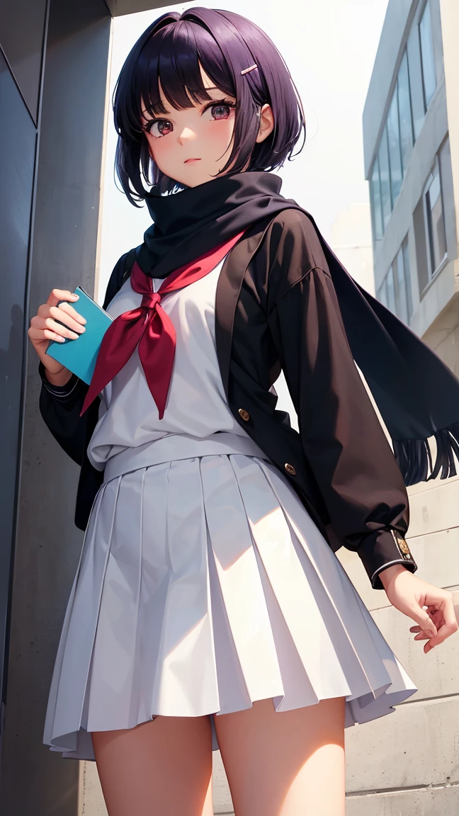 A full-length image of a young anime girl reminiscent of Cardcaptor Sakura, with short black hair accented with purple highlights. Her hair is styled in elegant bangs parted in the middle, and she wears a small, delicate hair clip on one side. She has large, expressive brown eyes, full of curiosity. She is wearing a school uniform, black shirt, long sleeves, scarf, sailor collar, school uniform, serafuku, white skirt, tomoeda elementary school uniform, giving off an elegant yet simple vibe. The girl stands with her back facing the viewer, leaning forward, butt thrust towards the camera, holding a book in her hands, full-length, adding an academic touch to her character. The style is distinctly anime, with soft shading and a magical, youthful energy.