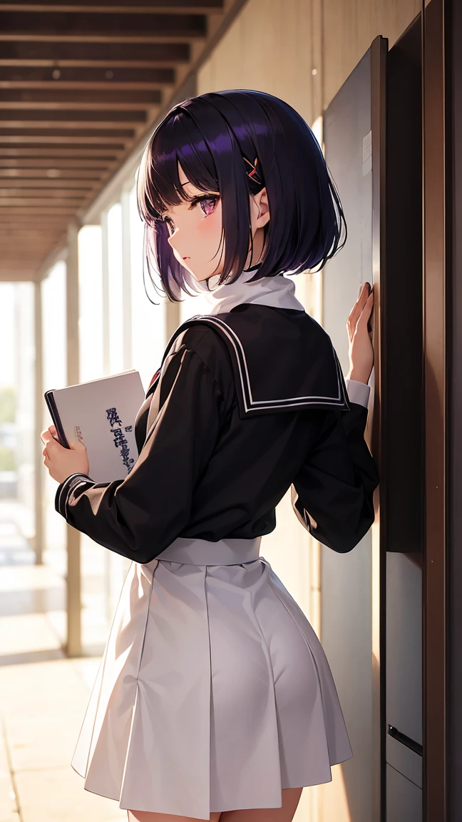 A full-length image of a young anime girl reminiscent of Cardcaptor Sakura, with short black hair accented with purple highlights. Her hair is styled in elegant bangs parted in the middle, and she wears a small, delicate hair clip on one side. She has large, expressive brown eyes, full of curiosity. She is wearing a school uniform, black shirt, long sleeves, scarf, sailor collar, school uniform, serafuku, white skirt, tomoeda elementary school uniform, giving off an elegant yet simple vibe. The girl stands with her back facing the viewer, leaning forward,  thrust towards the camera, holding a book in her hands, full-length, adding an academic touch to her character. The style is distinctly anime, with soft shading and a magical, youthful energy.