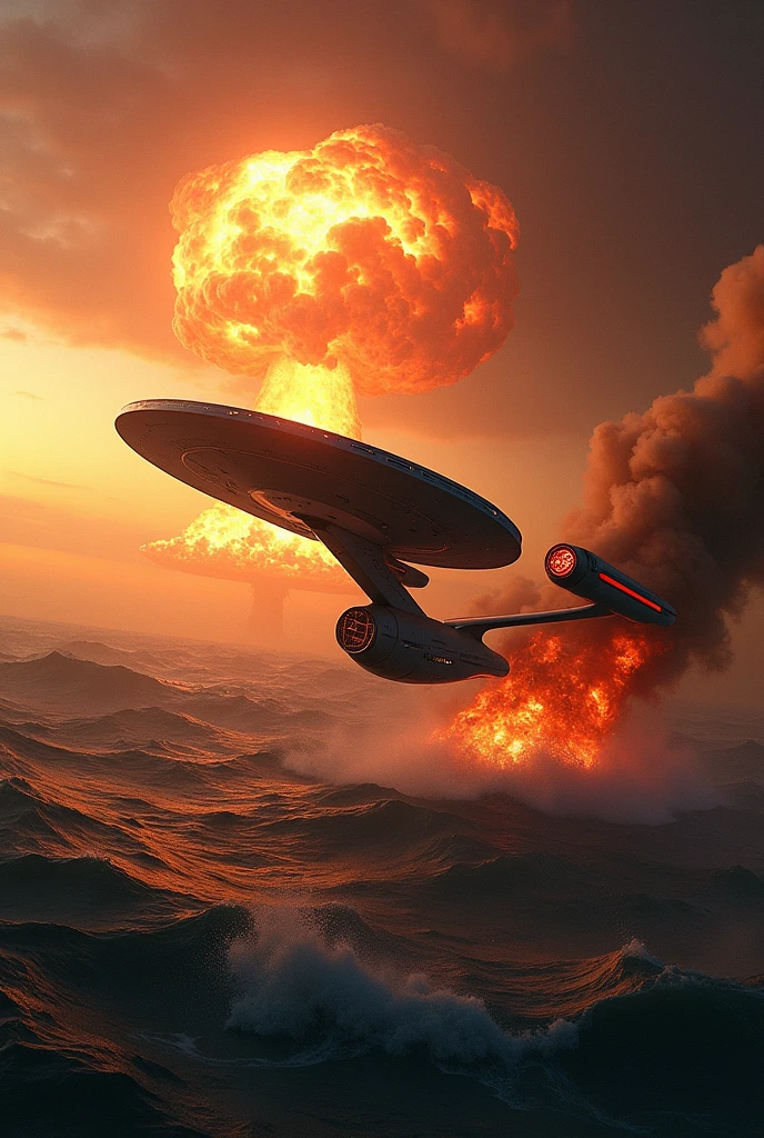 The USS Enterprises is falling into the sea.,There is a fire.,The background is a large nuclear explosion.