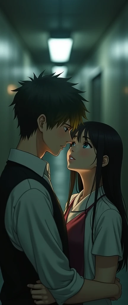 (32K:1.9, Highest quality, masterpiece, Ultra-high resolution), Perfect dynamic composition:1.3, Highly detailed skin and facial textures:1.3, Cute sexy slim Japanese schoolgirl, (Slimman, Height about 180cm), (They both close their eyes, Man hugging woman:1.3), Fair skin, ((Clarity:1.1)), (Man is anime「Marmalade Boy」Play:1.3, Light yellow hair, beautiful目:1.3), (The woman is wearing a light brown uniform with a light blue tie., Straight black hair.:1.3, smile:0.9, A man completely charms a woman:0.9, beautiful Blue Eyes, beautiful, Clear Eyes:0.8), Sexy Face:0.4, blush:1.1, (beautifulエロティシズムを醸し出す雰囲気:0.8), Professional random camera work, Cinematic Lighting Effects, (Full Body Shot), (Too erotic), romantic, mysterious, Object of admiration, original, dramatic, artistic, Innovative, charm, Heartful, Fancy, Tilt, sense of loss, special, exciting, Extreme, sense of openness, joy, joyの表現, ((若さのcharm, 女性的なcharm))