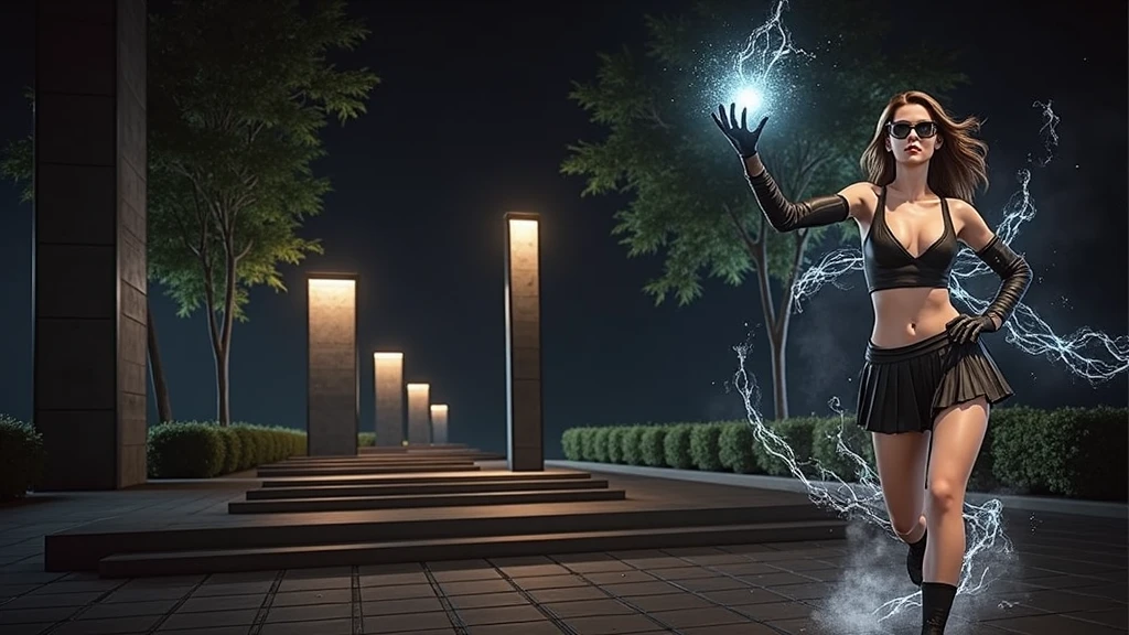 A young futuristic female sorcerer with a glowing floating small crystal stone, releasing mysterial spell and magical power, facing and defeating dark forces and beings. She stands with her right hand raised forward with a blue fire of light, at night, (1girl, solo, alone), photorealistic, large-breast slim:0.6 body, oval:0.5 face, cleavage:1.1, very low angle view of pleated miniskirt, deep-v, (upskirt), glove, (Matrix style black micro sunglasses), dynamic running pose, (half-body thigh level close-up shot), cinematic lighting, ray tracing, motion blur background.