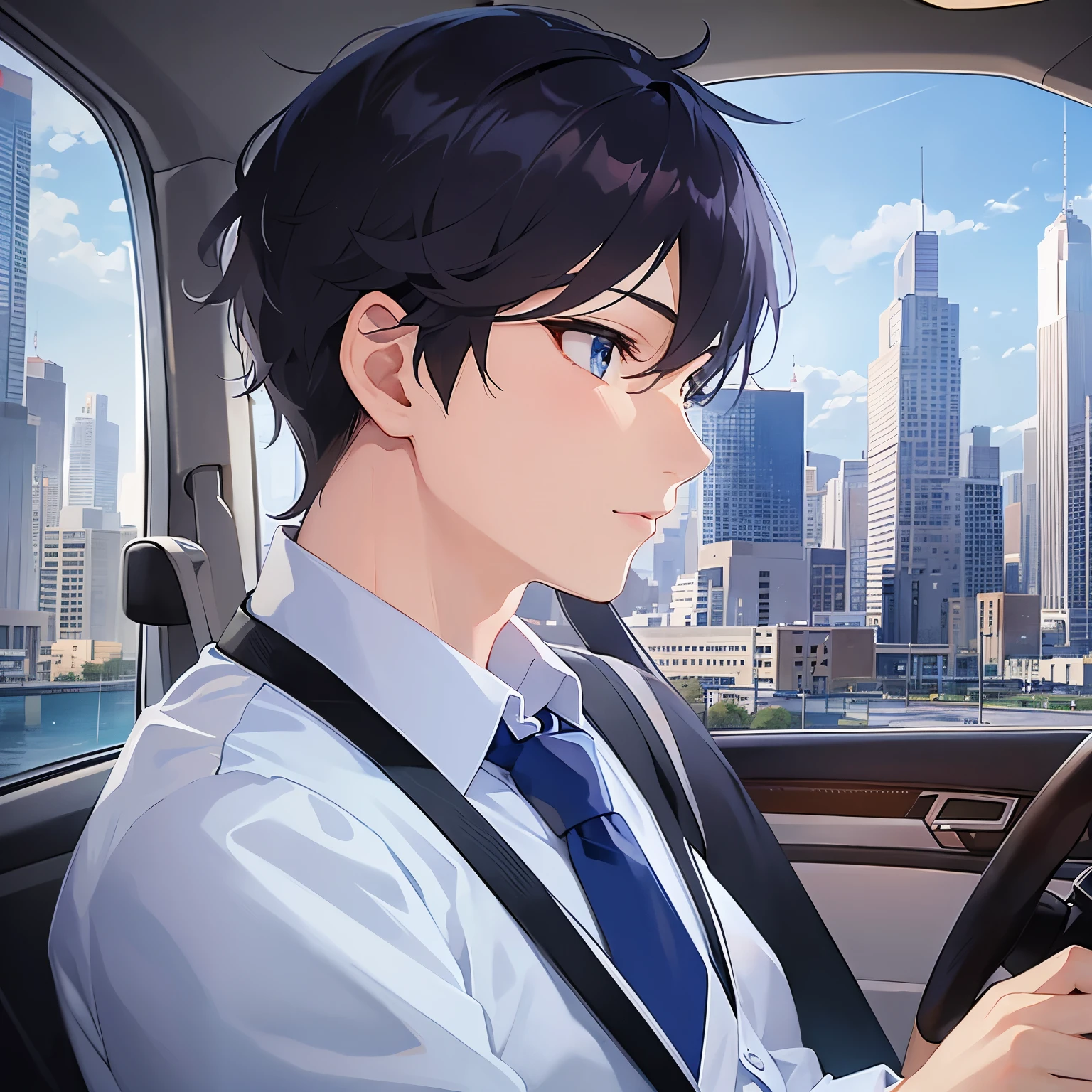 profile、I am driving a car、
shiny skin, masterpiece、Highest quality、
(2 male:1.5) and (Black short hair) and (blue eyes), 
(white collared shirt) and (Blue tie)
Serious,（alone:1.5）The background is the city