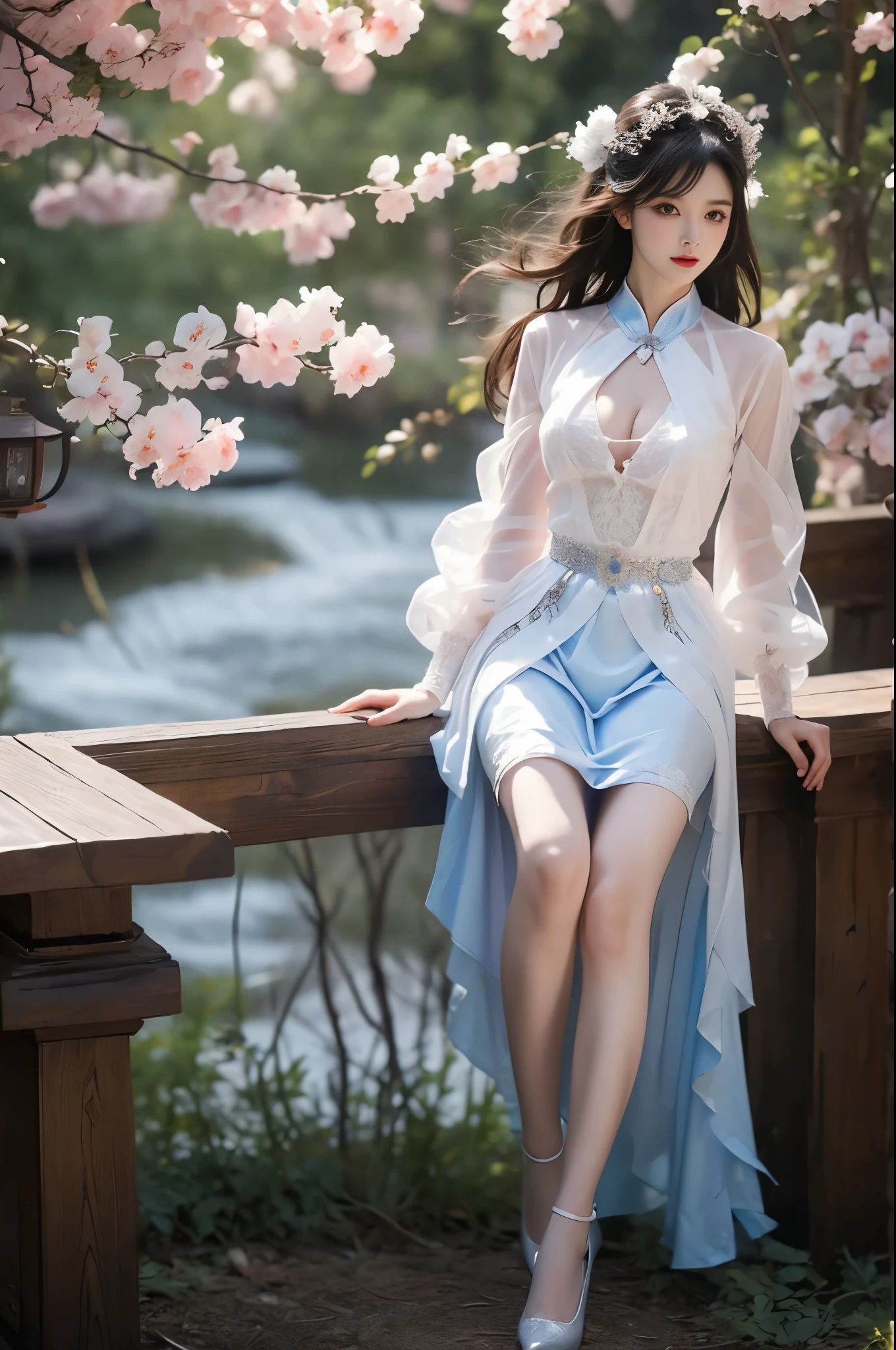 guqinghan,hell,chinese clothes,china dress,(Quality Improvement:1.4),1 Girl, Full breasts,Visible cleavage,Sexy long legs,The skirt is very short,She gently lifted her skirt with one hand,Surrounded by white Phalaenopsis orchids,Lilac dendrobium、White Lily, Flying petals,(Top quality leather), Delicate face,Black Hair, Gradient hair, Body,(Body1.1), He has a precious gem on his forehead.., outstanding student,Long eyelashes,Smile, Surrealism, Movie Lighting, Projection Insert, Surrealism, Ultra HD, masterpiece,lie,Keep dreaming,Open your legs slightly.,Tattoo,Fantasy Space,Luxurious space,Exquisite makeup,blush,Shy expression