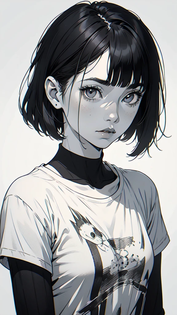 1 boyish girl, solo, sharp eyes, monochrome, greyscale, short black hair, portrait, white T-shirt, thin eyebrows, closed mouth, looking at viewer, graphite \(medium\), detailed lips, hatching \(texture\), without makeup, full bangs, upper body, (best illustration), (best quality), (very detailed), (masterpiece), expressionless,