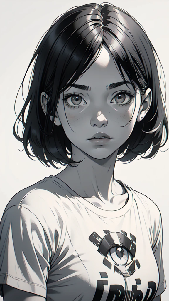 1 boyish girl, solo, sharp eyes, monochrome, greyscale, short black hair, portrait, white T-shirt, thin eyebrows, closed mouth, looking at viewer, graphite \(medium\), detailed lips, hatching \(texture\), without makeup, full bangs, upper body, (best illustration), (best quality), (very detailed), (masterpiece), expressionless,