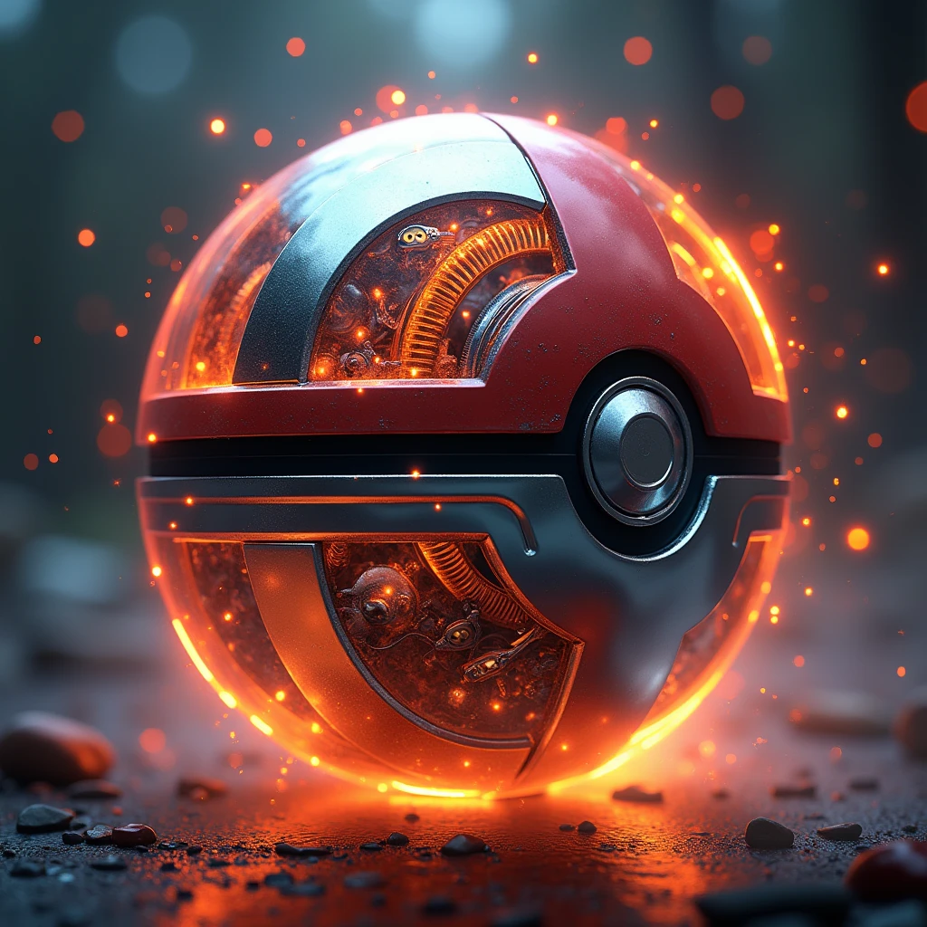 a beautiful detailed pokeball, highly realistic, 8k, photorealistic, glowing energy sphere, metallic surface, reflective chrome, intricate mechanical details, complex inner workings, levitating, dynamic lighting, cinematic composition, dramatic shadows, vivid colors, masterpiece