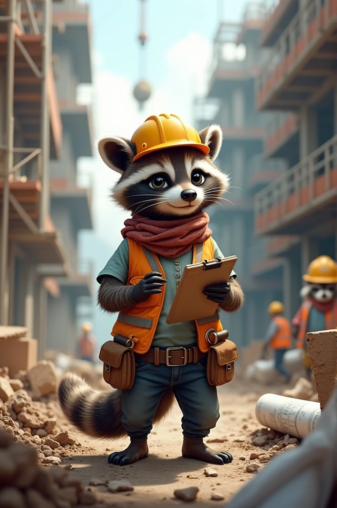 A female raccoon, dressed as an architect, in a construction 