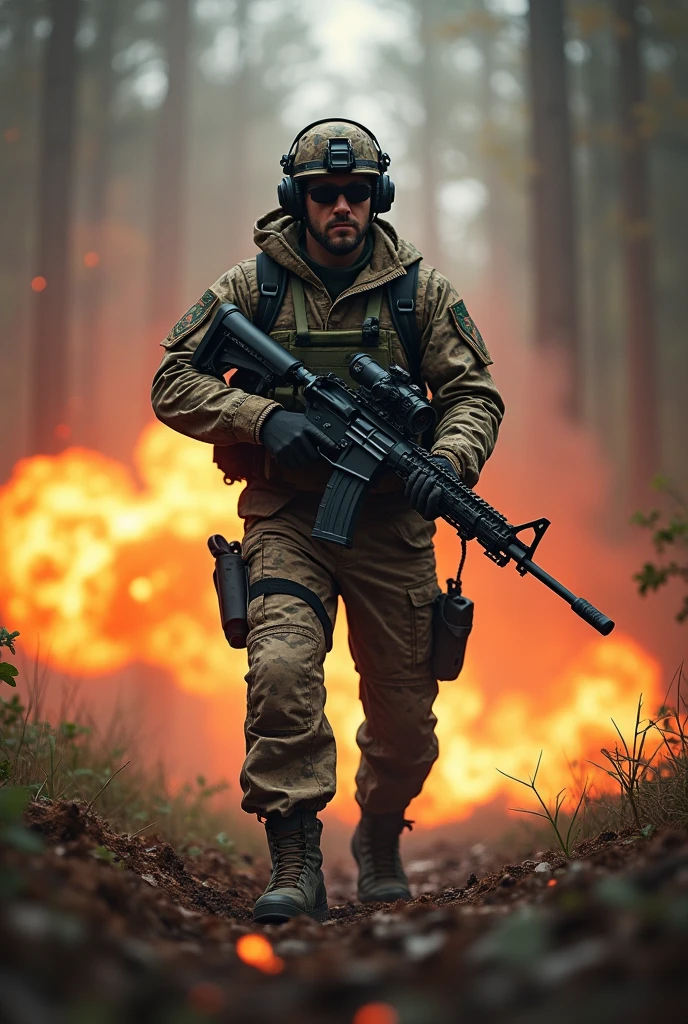 Photorealism 1.4 realistic realism high detailed definition create for me movie poster 6 commando on the centre background explosion shooting action smoke effect with backpack woodland camouflage uniform M4 carbine rifle with scope tactical helmet headphones gear