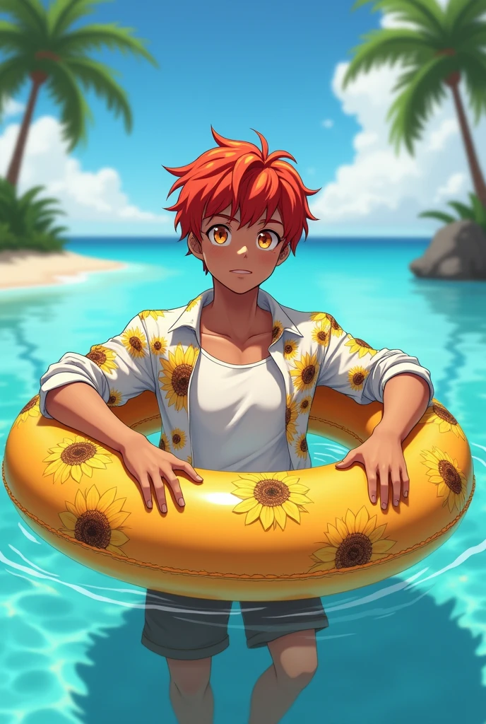 Anime boy red hair dark skin yellow eyes early 20s, he is swimming with a floatie on the water, you can see the beach in the background. He is wearing A white undershirt and an over shirt with sunflowers