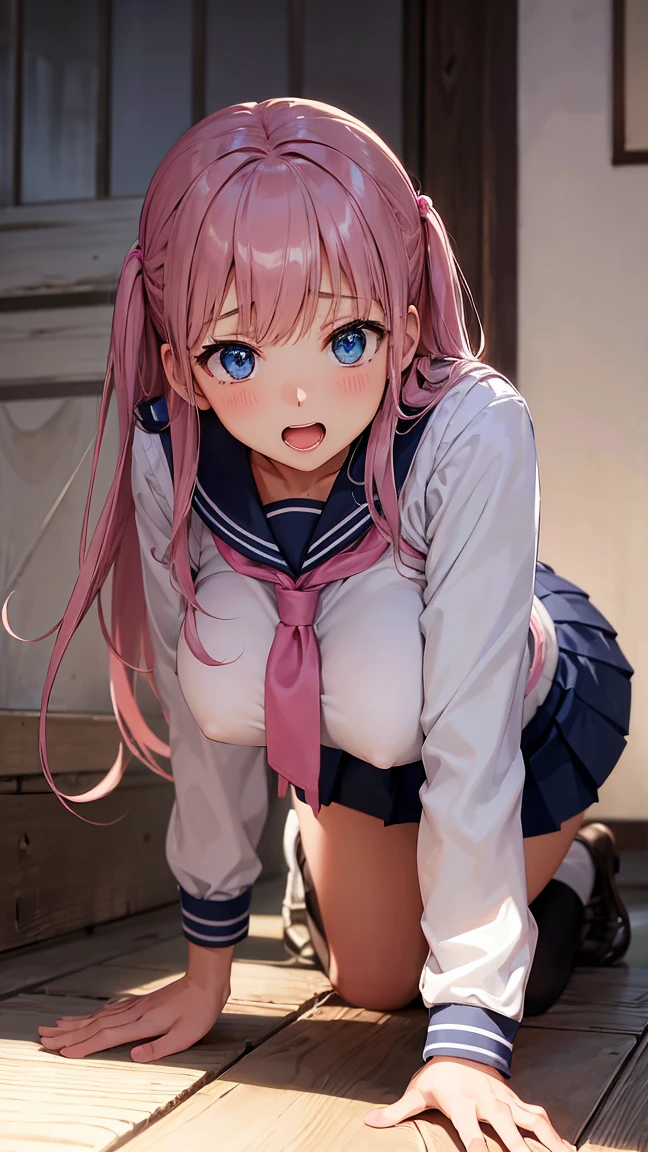 score_9, score_8_up, score_7_up, very aesthetic, source_anime, detailed, high quality, beautiful, masterpiece, detailed eyes, forest, tree, ruins, zdyna_posecowboy photo, close up, dynamic angle, full body, from behind, on all fours with her ass up in front of the camera, squeezing her ass with one hand and the other resting on the ground, slap mark on her ass, sexy position, excited face, pained expression, slight smile, open mouth, tear in the eyes, medium breasts, dynamic pose, from behind, looking back, 1 girl, light pink hair, blue eyes, hair clip, bangs, long hair, black shirt, long sleeves, scarf, sailor collar, school uniform, serafuku, white skirt, tomoeda uniform, skirt is up, pink lace panties, ,,,,, zPDXL a boy squeezing her ass and penetrating his penis into her wet vagina, cumming inside, used condoms lying around in the corners