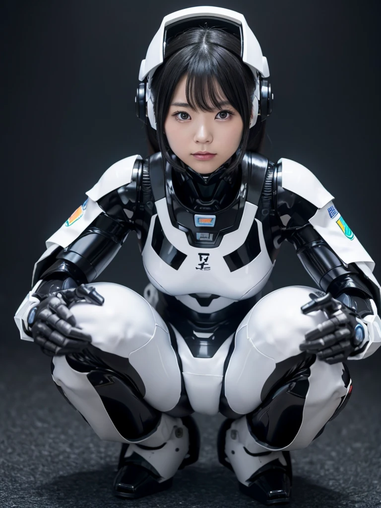 Japanese woman in a black and white robot suit,Squat,