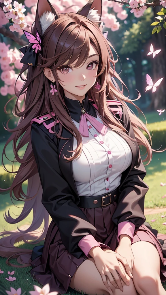 (best quality,4k,8k,highres,masterpiece:1.2),ultra-detailed,(realistic,photorealistic,photo-realistic:1.37),acrylic painting,beautiful Brazilian model in a uniform outfit with downy hair,beautiful Brazilian model with extremely colorful brown hair and detailed facial features,beautiful Brazilian model standing in a beautiful garden sakura flowers, long hair,cat ears, hair bows, uniform pink and black outfits, smile, happy face, brown pink hair,butterflies, sitting down, brown eyes, mature woman, older woman