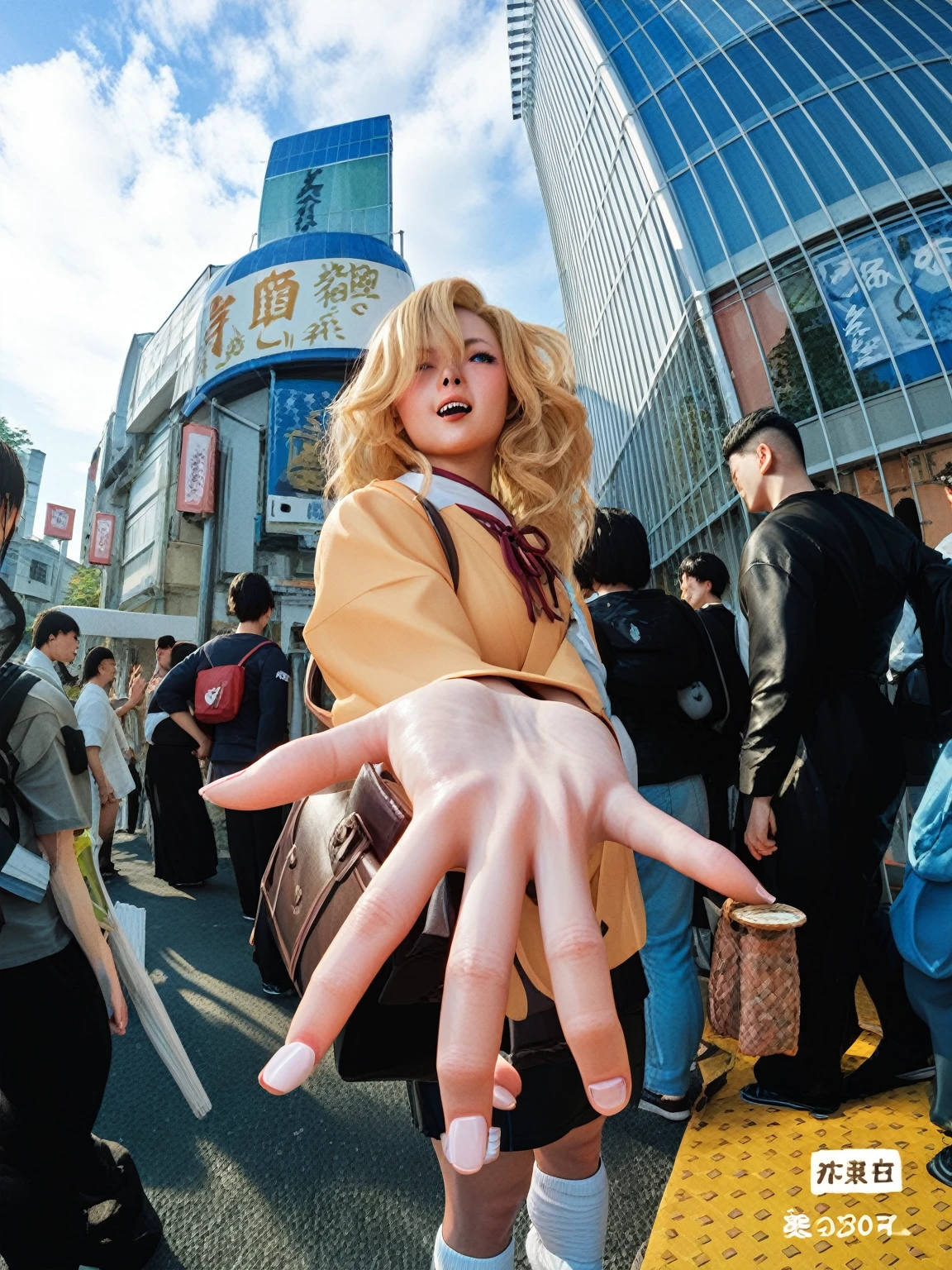 3d model, i teresging persoectiv, hand, a girl standing, japan, blonde girl, japanese student, 90s aesthetic