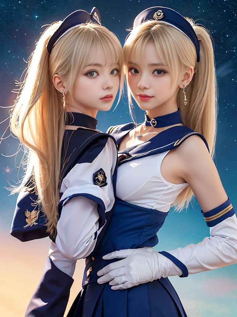Tabletop, full: 1.3, stand, 8k, 3d, Realistic, Ultra-microphotography, Highest quality, Extremely detailed CG Unity 8K wallpaper, From below, Intricate details, (Browsing Caution:1.2),(1 female), 2, (Meishaon,Sailor moon,Land, Sailor Warrior Uniform Sailor: 1.2, Sailor moon: 1.2), Incredibly long and bright blonde with twin tails, thin and very long straight twin tail blonde, Hair Bun, She has a red round hair accessory tied in a bun, Sailor Warrior Uniform, Huge , (Silver Blue Color, Blue sailor collar, Silver Blue Pregate Ultra Mini Skirt: 1.3,I can see your pants,Ultra high leg swimsuit, Big red ribbon on chest,,: 1.3, Long white latex gloves: 1.3, Red gloves on elbows, A very large red ribbon on the back of the waist,: 1.1, The cleavage appears larger:1.2, Gold Tiara, Earrings), (Facial details: 1.5, Bright Blue Eyes, Beautiful Face, Beautiful Eyes, Shining Eyes, thin lips: 1.5, Thin, sharp, pale eyebrows, Long, black eyelashes, Double eyelashes), Luxurious Golden jewelry, thin, Lean and muscular,,, Small Face, Perfect Proportions, Narrow waist, Sexy model posing, Visible pores, Captivating smile, Perfect hands: 1.5, Ultra-thin, high-gloss silver-white holographic leather, Octane Rendering, A very dramatic picture, Strong natural light, sunlight, Exquisite lighting and shadows, Dynamic Angle, Digital SLR, Sharp focus: 1.0, Maximum clarity and sharpness, (Space Background,moon, Dynamic Background, Detailed Background),(Rabbit, Double Bang, Twin tails, Parted bangs, Circlet, jewelry, Earrings, choker, Red Bow, White gloves, Elbow Groove, Blue Skirt
),Hmph