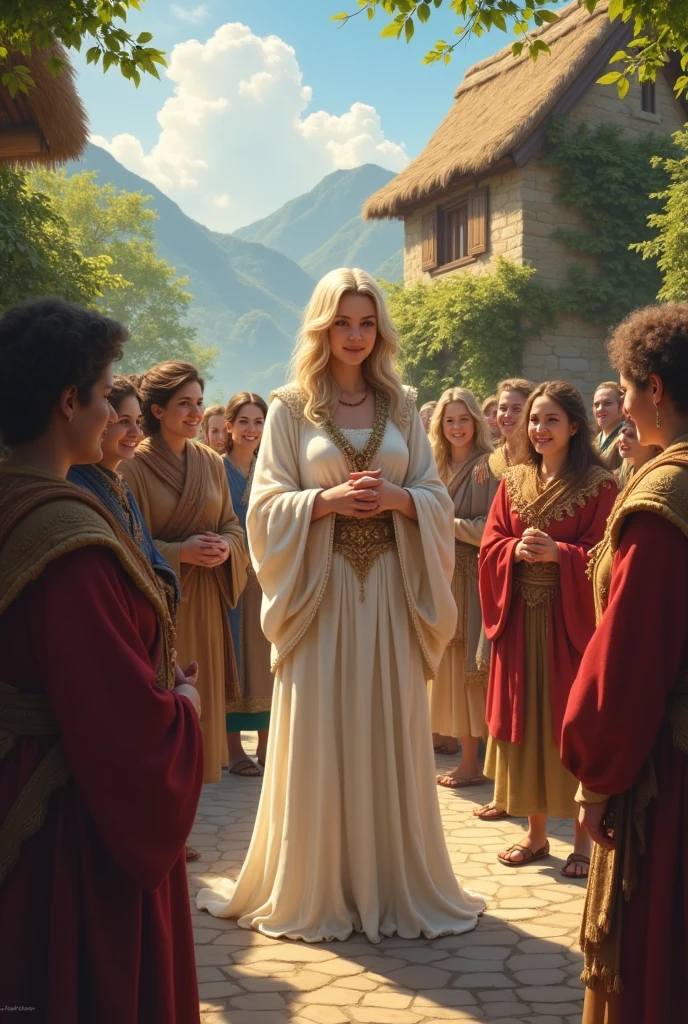 Elara entourée de villageois qui l'admirent, avec des sourires chaleureux et de la gratitude, dans un village pittoresque.