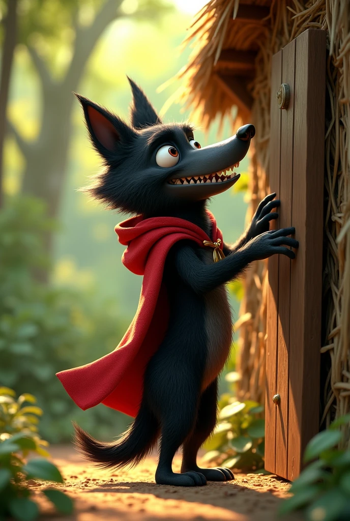 pixar style sideview of a 3D scary cute black furry wolf wearing a red cape and a red hoodie with realistic black fur 3D illustration, (1male wolf:1.2), (sinister yet playful expression:1.5), dangerously playful, dark humour, wearing a red cape and a red hoodie standing on its too feet like a cartoon character, lean build, (disproportionate body long nose and mouth), (smiling notoriously with expression of sly and mischief), (realistic fur texture), (jungle background:1.4), standing and knocking the door of a straw house, sunlight filtering through the trees, (soft lighting:1.3), (green and earthy color scheme:1.3), (highly detailed), (ultra quality:1.3), (masterpiece), (digital art), 8K resolution, HDR, depth of field, (soft shadows), (photorealistic:1.3), (animation:1.2), (by Greg Rutkowski:0.9), (in the style of Alphonse Mucha), trending on ArtStation, award-winning art