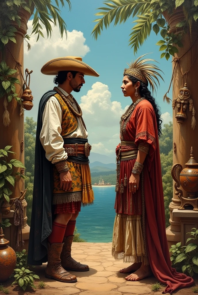 It recreates a scene of the face-to-face meeting of a Spaniard and an indigenous person during the time of the conquest., In the background, put objects and symbols from each culture