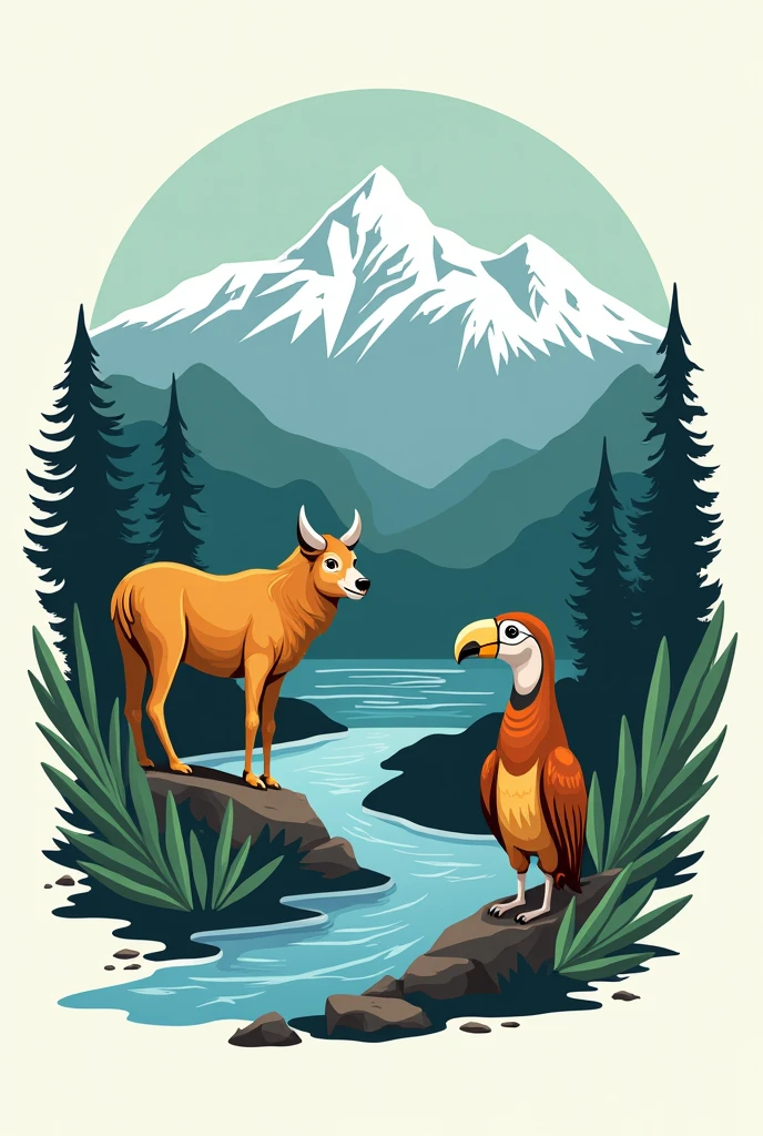 Create a logo in Spanish for a company with the following characteristics: Image with the two peaks of the Sierra Nevada of Santa Marta, laguna, river to the sea, Macaw, farmer, mono