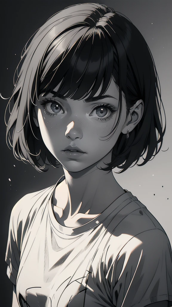 1 boyish girl, solo, sharp eyes, monochrome, greyscale, short black hair, portrait, white T-shirt, thin eyebrows, closed mouth, looking at viewer, graphite \(medium\), detailed lips, hatching \(texture\), without makeup, full bangs, upper body, (best illustration), (best quality), (very detailed), (masterpiece), expressionless,