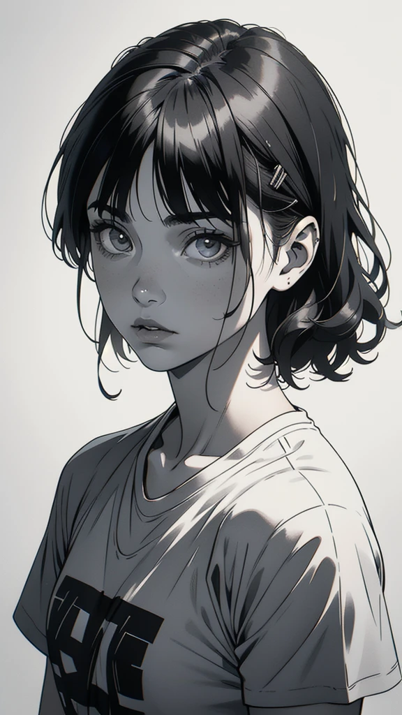 1 boyish girl, solo, sharp eyes, monochrome, greyscale, short black hair, portrait, white T-shirt, thin eyebrows, closed mouth, looking at viewer, graphite \(medium\), detailed lips, hatching \(texture\), without makeup, full bangs, upper body, (best illustration), (best quality), (very detailed), (masterpiece), expressionless,