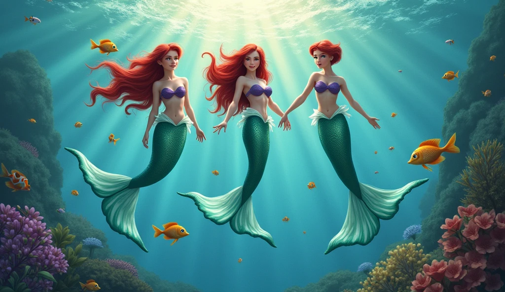3 mermaids looking like Ariel, swimming in the ocean with several fish and araiás