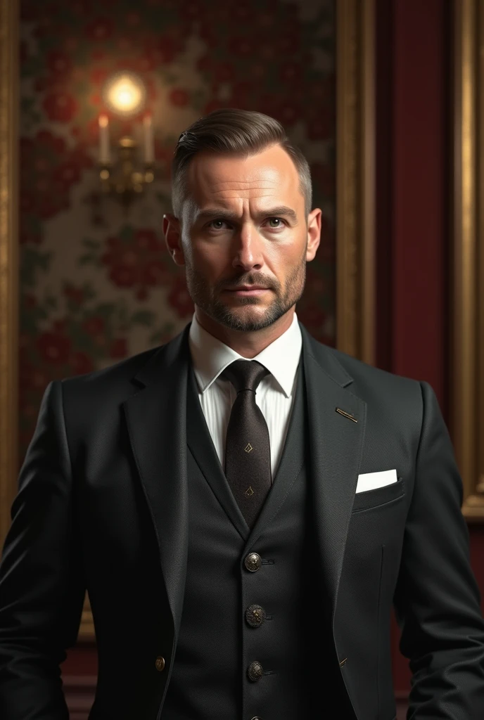 Create a portrait of a Russian man with short, well-groomed hair and a neatly trimmed beard. He is dressed elegantly in a tailored suit, exuding the style of old money. The suit is dark, with subtle patterns, and he wears a classic white shirt underneath, paired with a tasteful tie. The background should be a luxurious, opulent setting, with rich textures and warm lighting, reflecting his wealth and status. His expression is calm and confident, embodying sophistication and power