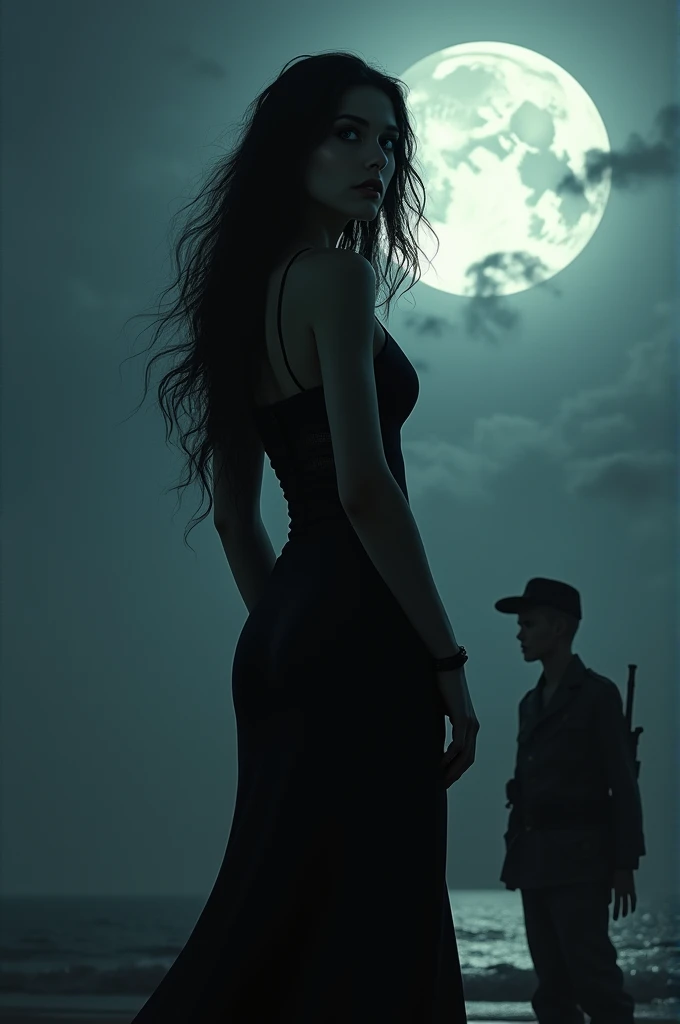 Beautiful mobster woman with grey eyes, black hair and a slender figure with her back to the moon while a young soldier with blue eyes watches her from a distance