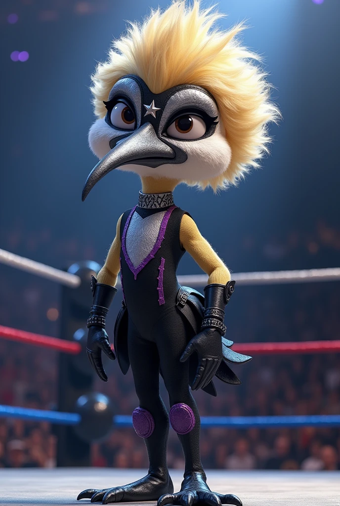 cartoon stork dressed like WWE wrestler stardust.
Cartoon stork head. Cartoon stork face. Cartoon stork hands.
Short blonde hair
Silver paint on face with black star over eyes and nose.
Black full bodysuit ordained with silver and purple accents. Black wrestling boots.
Standing in a wrestling ring.
