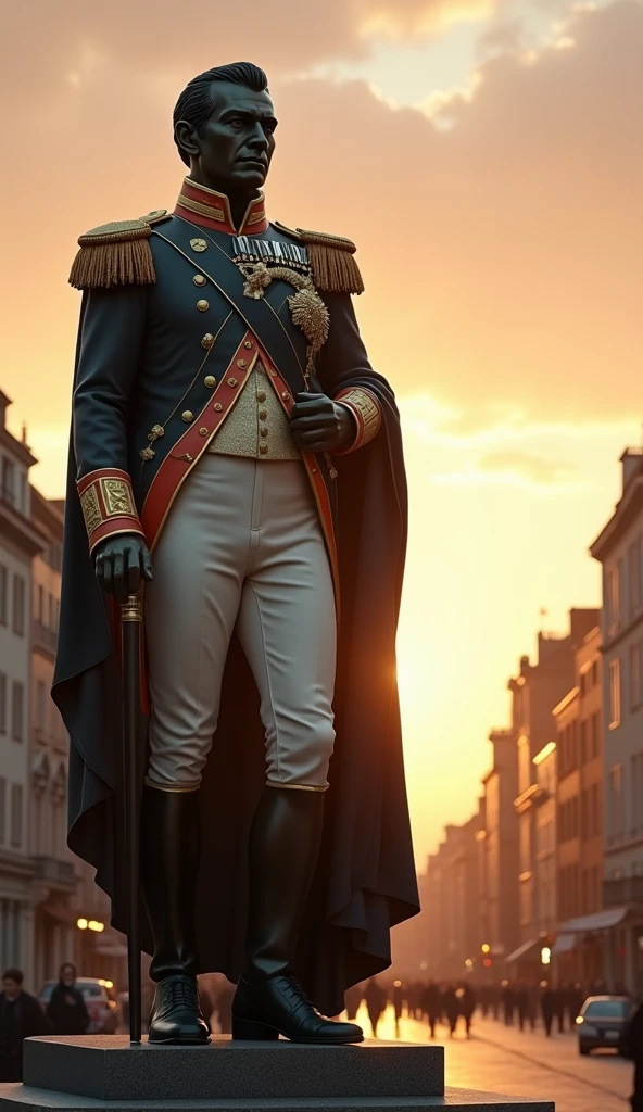 A symbolic image of Napoleon Bonaparte’s legacy, an imposing statue of him in military attire, set against a backdrop of modern European cities, the effects of his influence visible in architecture and society, golden light from a setting sun casting long shadows, hyper-realistic, photo realism, cinematography -- ar 9:16