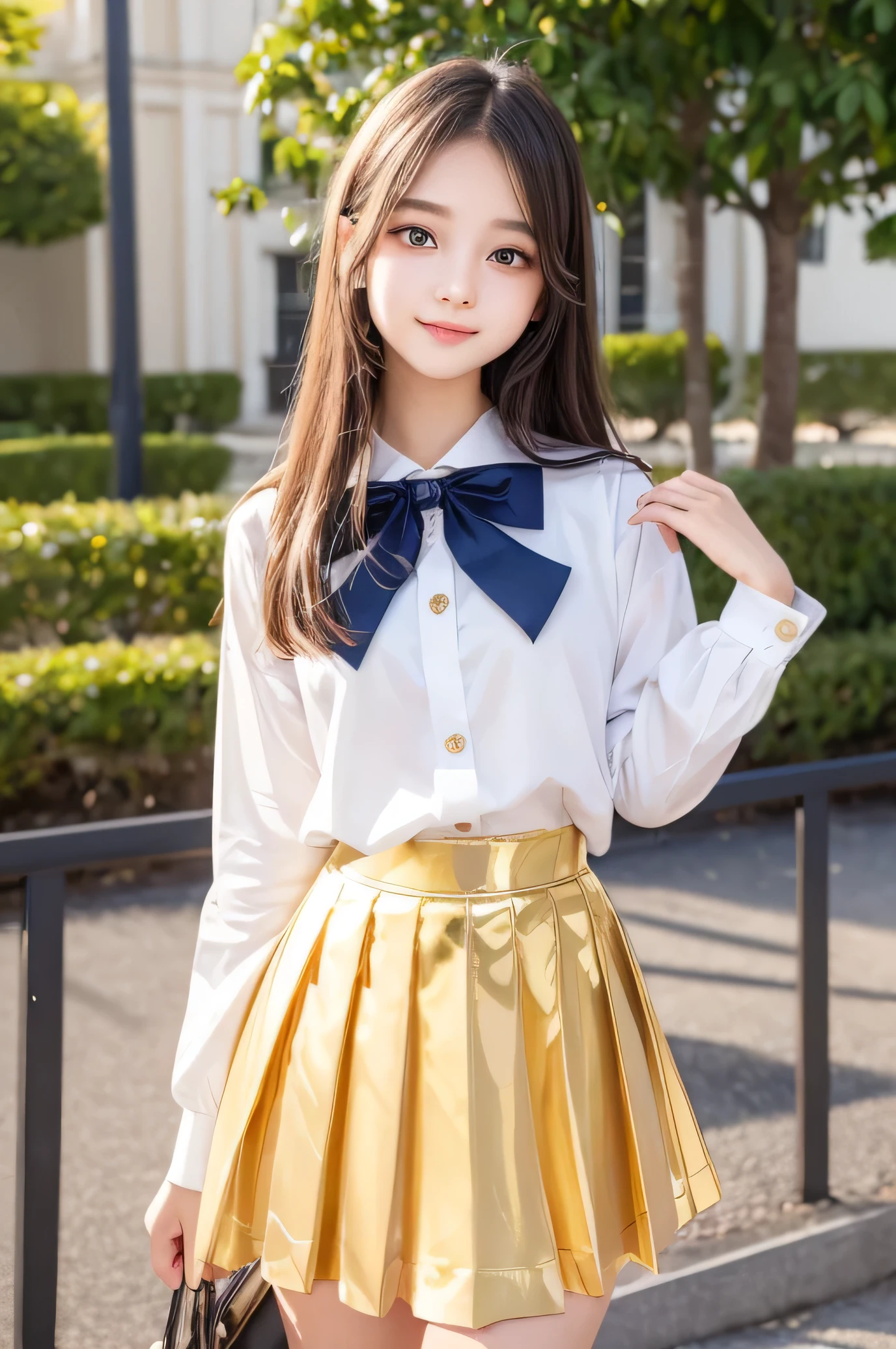 (Very beautiful  cute girl), (very  cute face:1.2),14 yo, (baby face),(sparking crystal clear attractive large eyes:1), Beautiful detailed eyes, Detailed double eyelids, (smiling), (realistic photograph:1.1), long straight hair,super shiny metallic gold sailor high school uniform,super shiny metallic gold pleated skirt, metallic gold sailor collar high school uniform