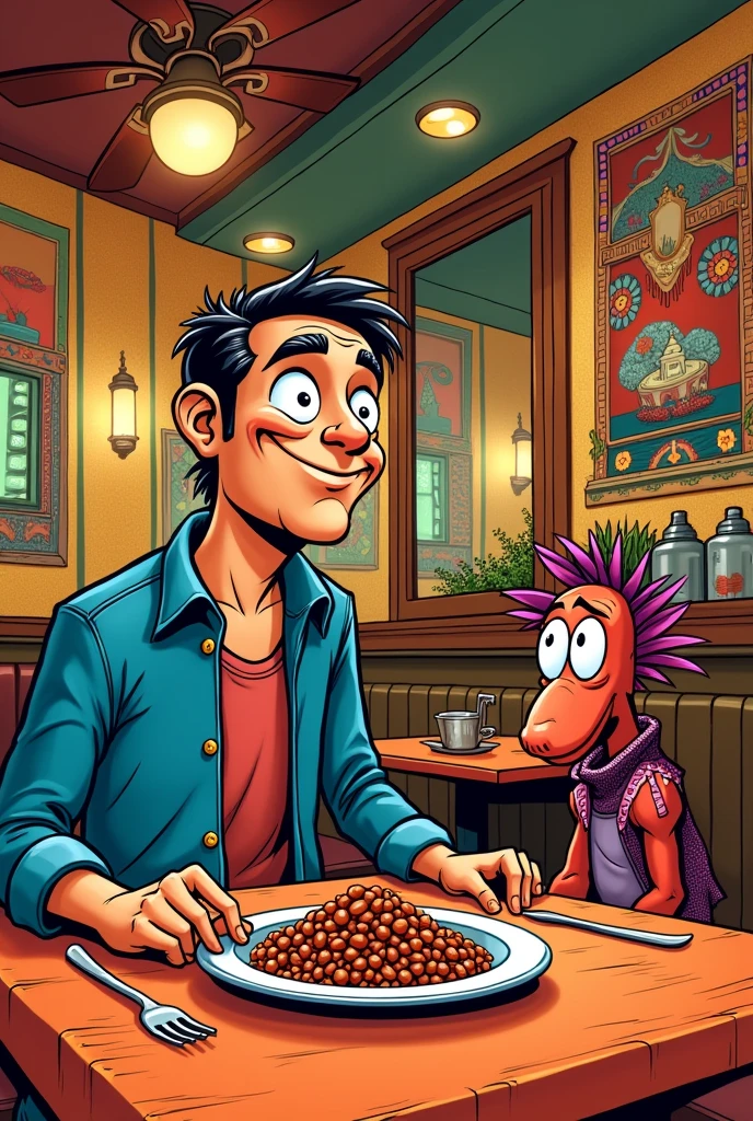 A comic drawing of a man sitting on a mexican restaurant table with a beans plate in front of him. Next to the table count Patula is watching.