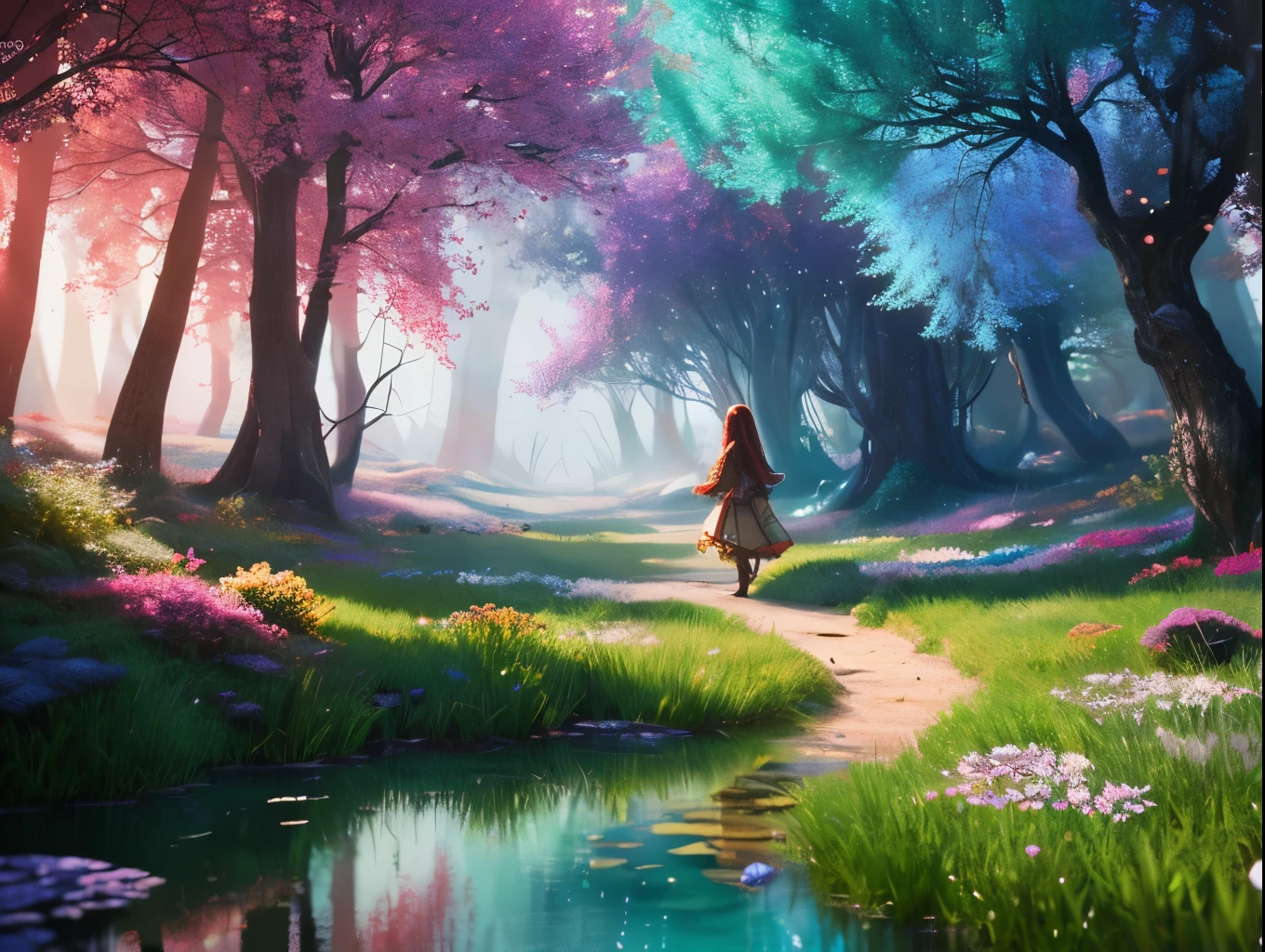 a fantasy landscape, a beautiful fantasy forest, a magical glowing pond, fantastical creatures, a fairy standing in the forest, detailed fairy with flowing hair, colorful crystalline structures, ethereal lighting, vibrant colors, (best quality,4k,8k,highres,masterpiece:1.2),ultra-detailed,(realistic,photorealistic,photo-realistic:1.37),fantasy,concept art