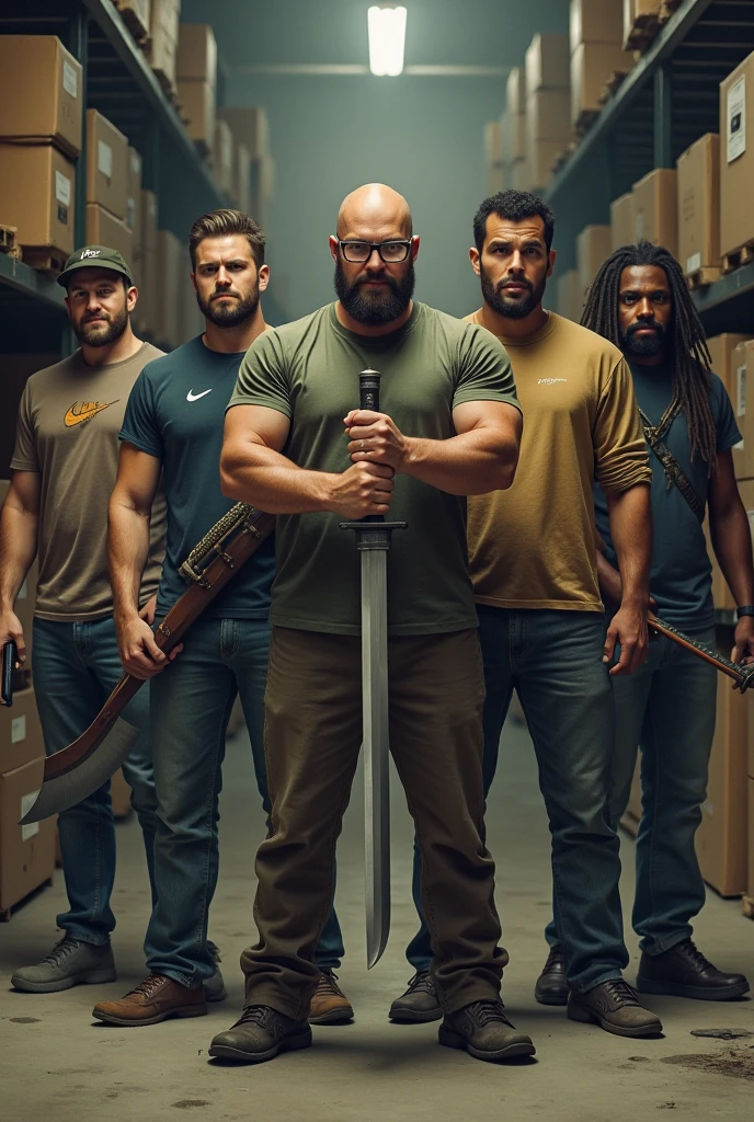 Four white men and one mulatto looking at the camera holding bladed weapons described below for each one , 1 bearded bald man with cleaver, second with hair, beard and glasses with a Nike shirt with a katana in his hand , third a tall bald white man without a beard with a viking body with a guts sword ,the fourth a chubby guy with hair and beard with a fishbone, fifth with tall and strong nudreds hair and with sword, in the background of the image shelves and stock boxes