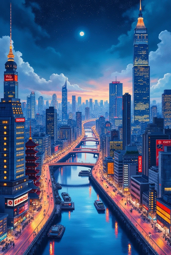 best quality, very good, 16,000, delicate and dynamic, Beautiful watercolor landscape painting, Beautiful red Tokyo at night, Modern and Retro, Pop and Classic, New and old, Learning from the past, (Great view:1.7)