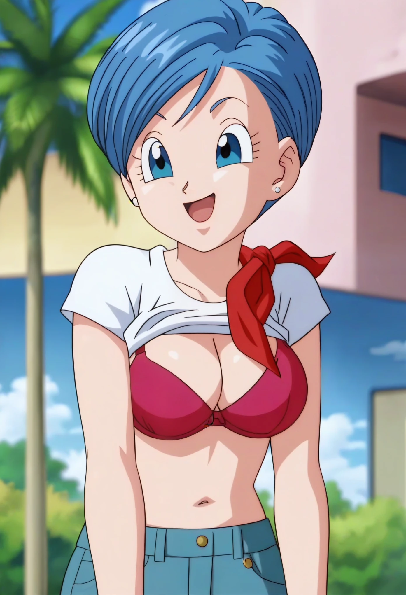 source_anime, score_9, score_8_up, score_7_up, anime screencap,8k, absurd res, 
bulma, 1girl, solo, breasts, smile, short hair, bowl cut,  open mouth, blue eyes, cleavage, jewelry, medium breasts, blue hair, white shirt, :d, earrings, outdoors, sky, day, cloud, blurry, tree, blue sky, red neckerchief, palm tree, official style, anime coloring, portrait, shirt lift, ((bra)), big breasts, blue jeans