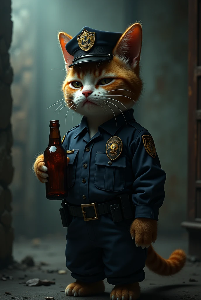 a sad humanoid police cat drinking beer and crying