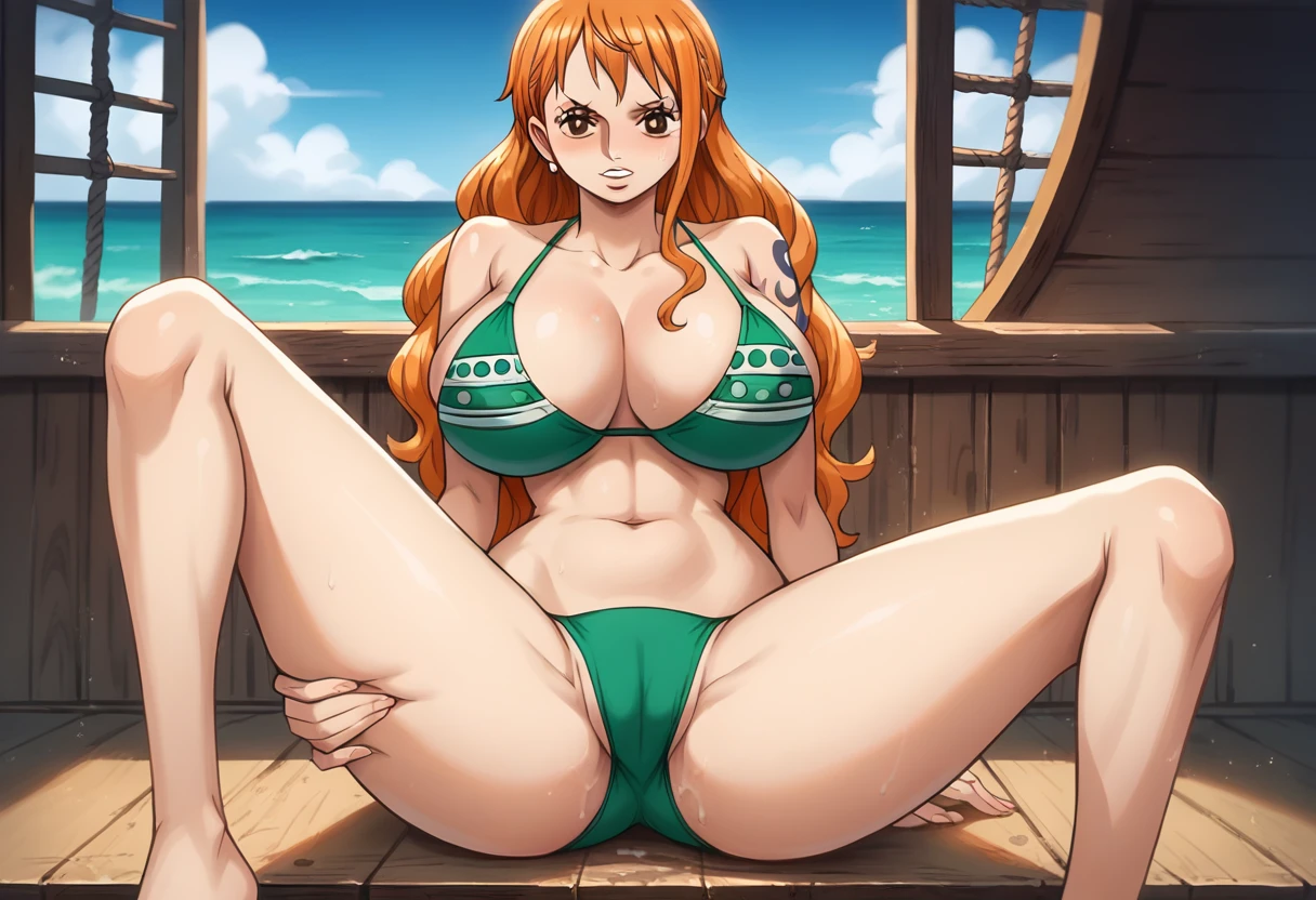 best quality, source_anime, 1girl, Nami, orange hair, huge breasts, sitting down, spread legs open, sea, pirate ship, from front, green bikini, sexual pose, hand on thigh spreading legs open, ((bra and panties puled to the side)), shy, blushing, seductive, teeth, cum, semen, orgasm, looking at viewer, navel, penis to vagina insertion