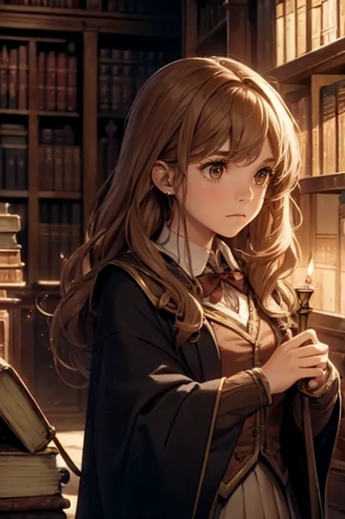 A detailed scene of Hermione Granger in a magical library, surrounded by old books and wands, with soft candlelight illuminating the surroundings. She wears her Hogwarts uniform and has a serious, focused expression