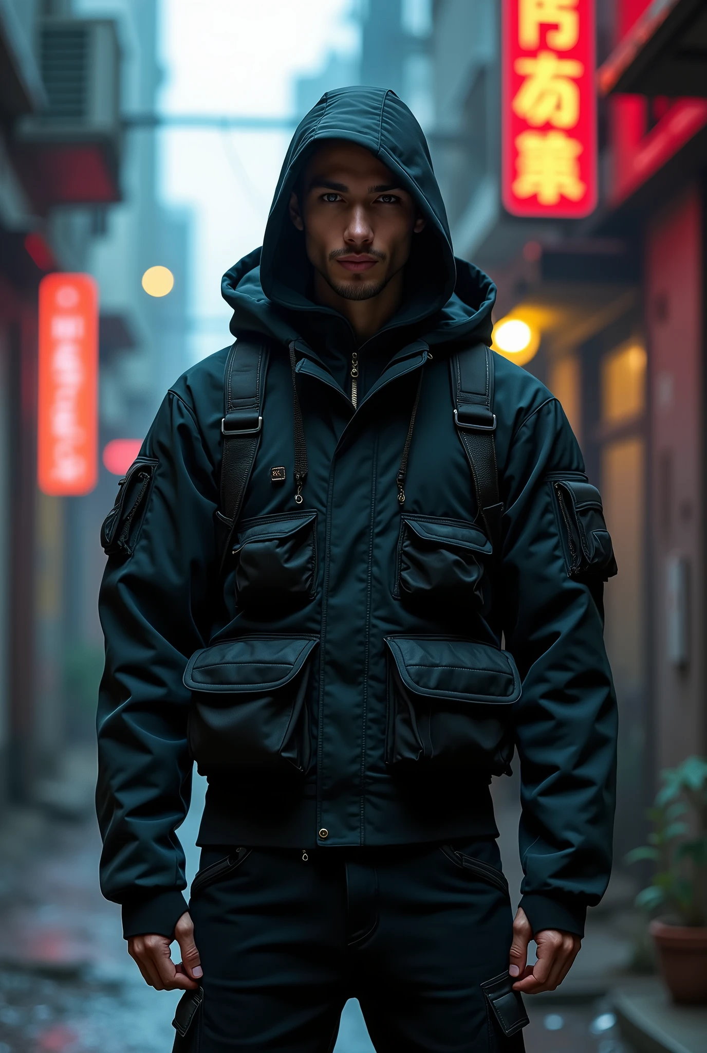 A photo shoot of a guy wearing a futuristic black hoodie with high neck cover, gargo military pockets and straps, unique urban black hoodie with futuristic military look. The photo shoot take place on a cyberpunk alley with dark atmosphere and futuristic neon signs. Photography, Photorealistic, realism, extreme detail, high quality graphics, ultra realistic, hyperrealism, high resolution, extreme quality, masterpiece, 4k hdr 