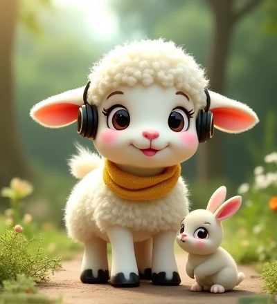 Imagine a realistic little lamb with exaggeratedly funny features, oversized, dressed in cute clothes, bright eyes and curiosity, smiling, frontal image, smiling bunny, Disney style, capturing natural textures, although their paws are a little bigger, they are even cuter. The background is a simple garden, focusing on natural colors and some green plants, creating bright colors and white lambs, in per with a headset