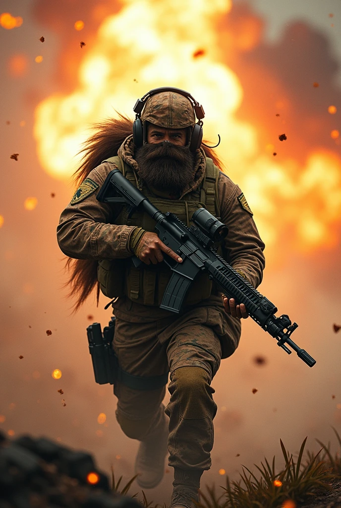 Photorealism 1.4 realistic realism high detailed definition  create for me movie poster 6 commando on the centre background explosion shooting action smoke effect with backpack woodland camouflage uniform M4 carbine rifle with scope tactical helmet headphones gear wearing ghillie suit