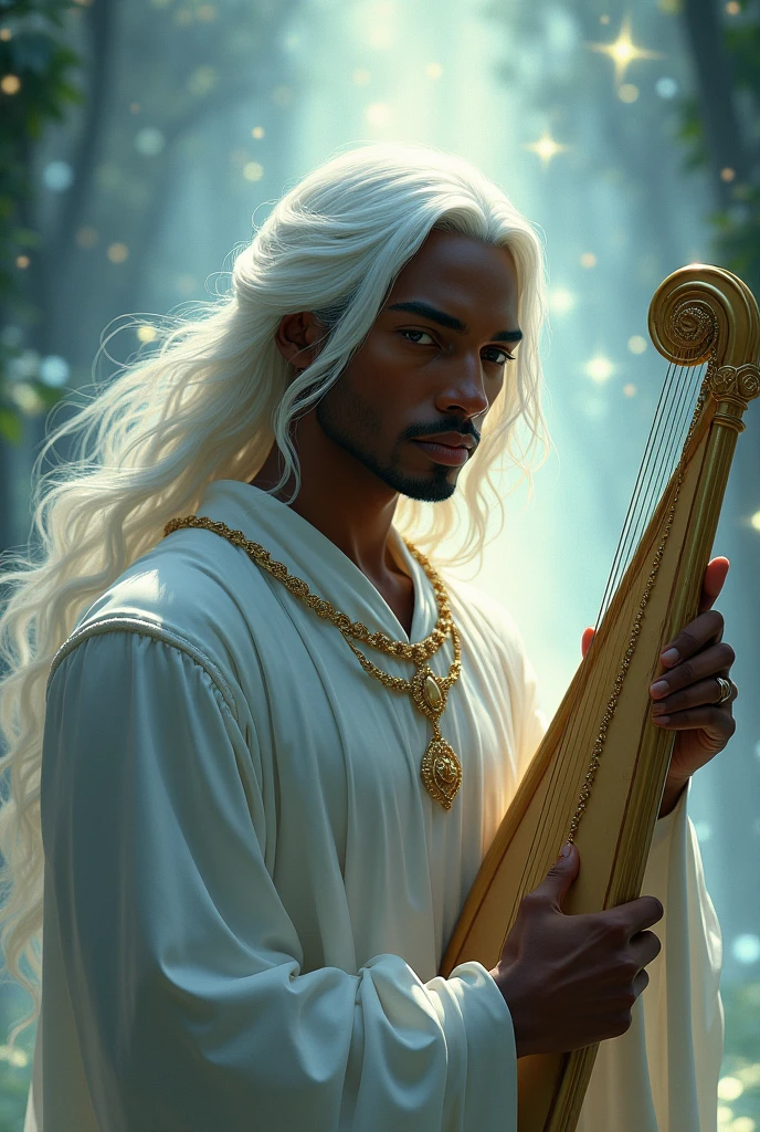 A man with black skin, with long white hair, fine features on the face, white  clothes, holding a harp, in an environment of light and music, with magic and shine