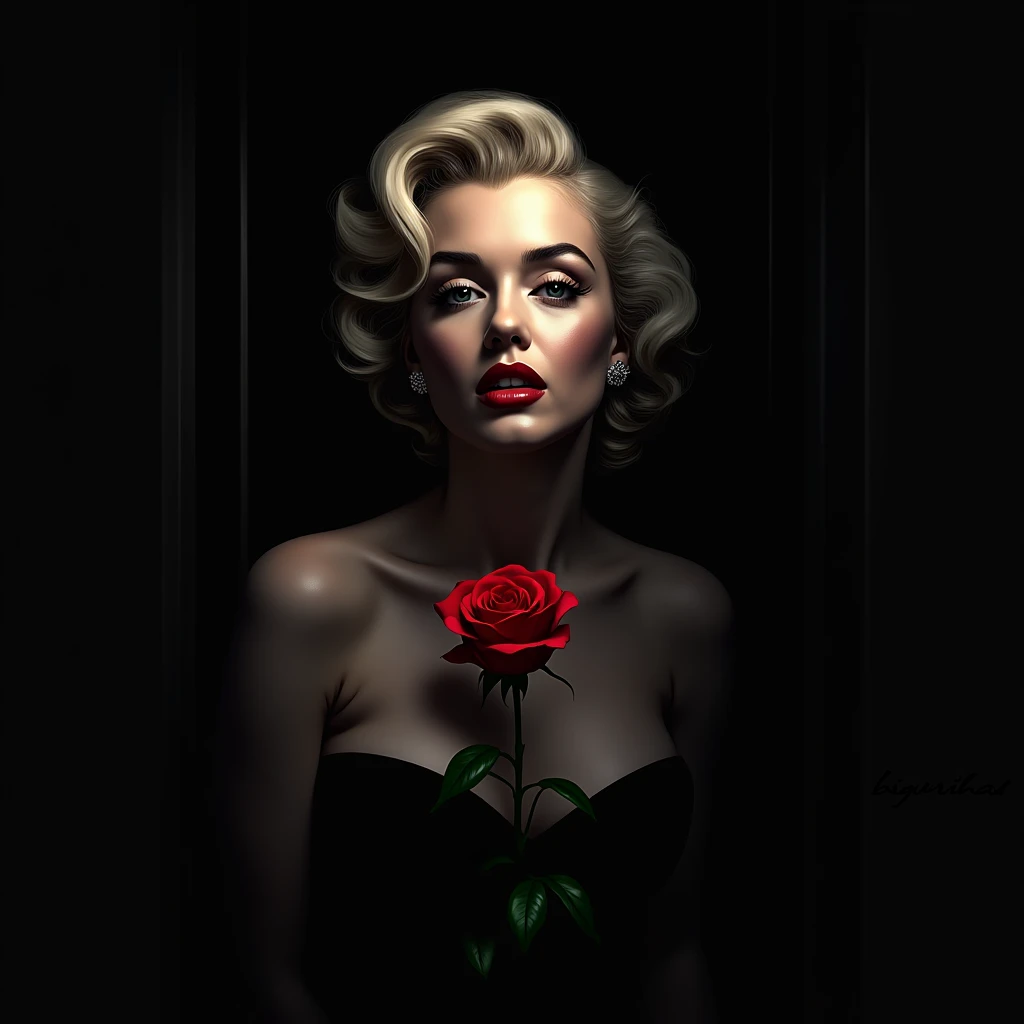 A noir-style vector illustration of Marilyn Monroe, her face partially obscured by shadow. The background is a stark black, with a single, bright spotlight illuminating her face. Her eyes, filled with a mix of intrigue and sadness, peer out from the darkness. A single, red rose is placed at her feet, adding a touch of romance and tragedy. The artist's signature, "BIGURILHAS," is etched into the wall behind her.