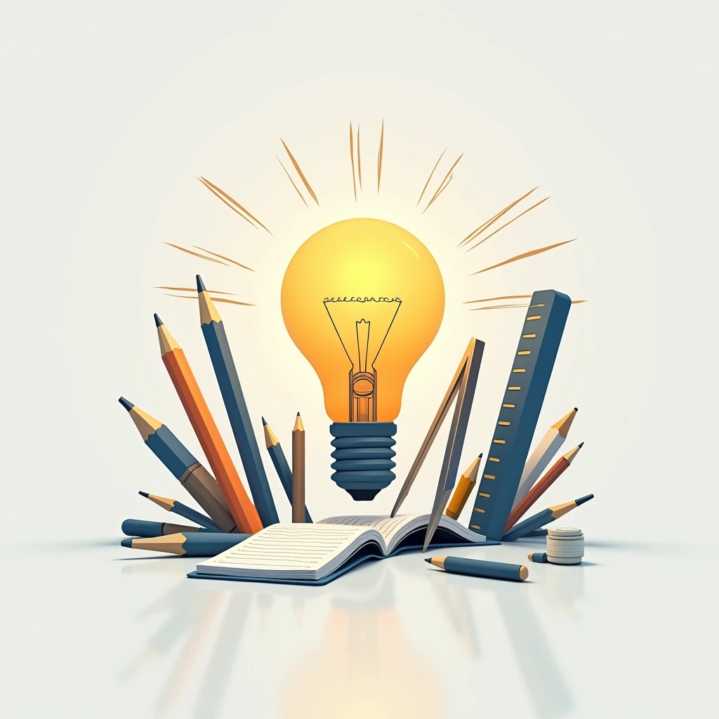 Creative Icon: Combine images of a light bulb (symbol of idea) with tools like pen, learning tools to demonstrate learning and application of life skills.