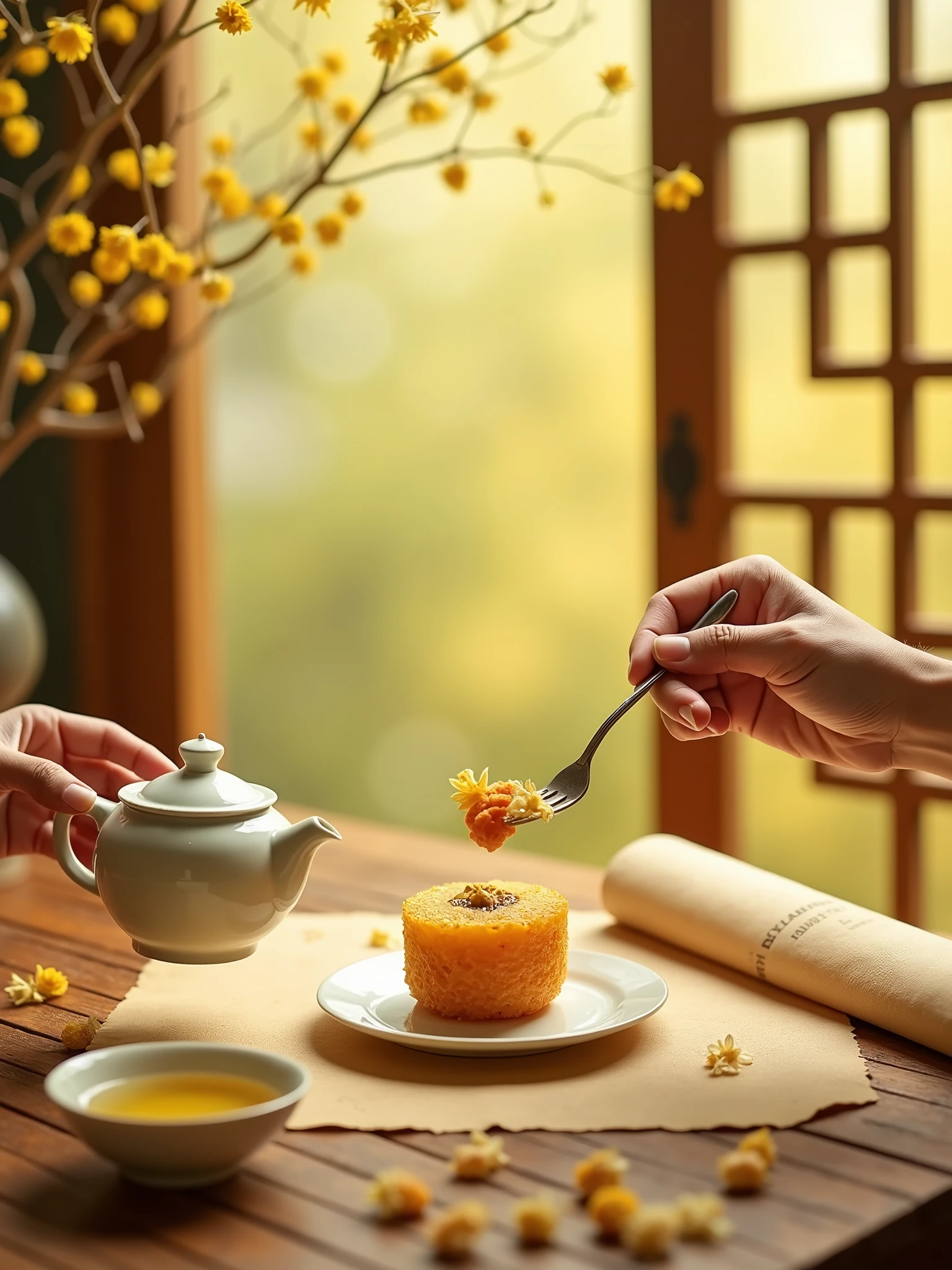 Translate to English: Photography group products ins style, simple, new Chinese style, yellow-green tones, background is Chinese-style diamond-shaped windows, with some scattered osmanthus flowers on the desktop, ancient Chinese scrolls placed on one side. In the center of the picture is a Chinese dessert, with one hand pouring hot tea into a cup on the left side of the picture, and on the right side of the picture, another hand holding a fork to pick up the dessert
