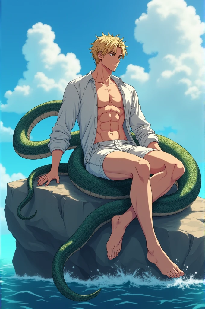 ((Man with snake from the waist down the man with blond hair and handsome)),((anatomically correct)),((with a landscape at sea)),((posing on a rock))
((lying on the rock)),((Create the anime image))