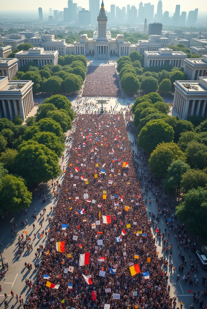 Here’s a prompt for generating an image related to political activism from a bird’s-eye view:

---

**Create a detailed aerial illustration of a large-scale political activism event.**

*Scene Description:*
- **Perspective**: Bird’s-eye view, capturing a wide area of the event.
- **Location**: A major city square or open public area filled with a crowd of demonstrators.
- **Elements**:
  - **Crowd**: Diverse groups of people holding signs, banners, and flags with various political messages and symbols. Include a variety of clothing styles to represent different demographics.
  - **Action**: People actively participating in protests or rallies, with some engaging in speeches or chanting.
  - **Setting**: Include notable landmarks or public buildings in the background to give context to the location. Show streets, vehicles, and possibly other urban elements around the event.
  - **Details**: Capture the scale of the gathering, with attention to the arrangement of the crowd and the various types of signs and symbols present.

*Additional Instructions:*
- Emphasize the energy and scale of the activism event, highlighting the diversity and organization of the crowd from the aerial perspective.

---

This prompt is designed to depict the dynamic and organized nature of political activism from a top-down view.