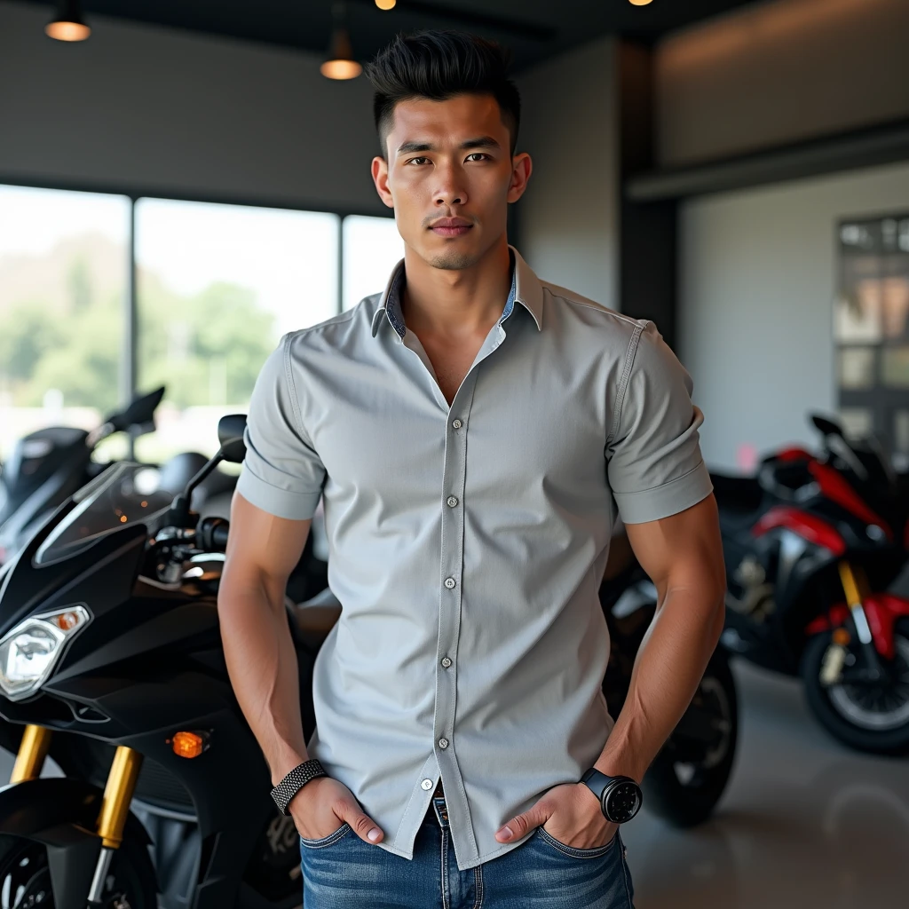 A handsome Indonesian man, clean face, very short black hair with faint visible sides, ideal muscular body, wearing a shirt, wearing a watch, stylish blue jeans,Sneaker shoes, sport bike showroom background, realistic hd